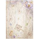 Decorative paper with vintage elements like buttons, flowers, and text on a textured background.