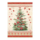 A Christmas-themed decorative print or card featuring a decorated evergreen tree with red and white ornaments, surrounded by scattered red petals, with red patterned borders at the top and bottom containing holiday text and motifs.