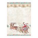Vintage-style Christmas paper or card design with Santa Claus in a floral sleigh pulled by a deer, bordered by pink flowers and green leaves, on a cream background with faint script text.