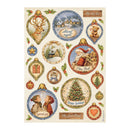 A sheet of vintage-style Christmas ornaments sticker or decal set on a cream background, featuring illustrated holiday scenes and ornaments including a deer, Santa Claus, a Christmas tree, children, bears, stars, and text such as 'Silent Night,' 'Pete Noel,' and 'Spread joy.'.