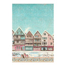 A vertical art print depicting a whimsical winter street scene with colorful half-timbered houses under a snowy teal sky, with birds and floral details along the bottom border.
