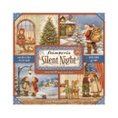 Stamper's Silent Night 1995 maxi pad cardstock sheets, featuring a 22-angle faceted sheet design with vintage Christmas illustrations including a decorated tree, snowy cottage, Santa Claus, children, and holiday figures. The packaging shows a central title label with dimensions and acid-free/gram details.
