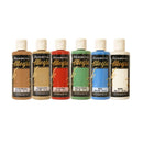 Six bottles of Jismerperia Allegria acrylic paint in earthy and bright colors, arranged in a row against a plain white background.