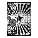 A black and white abstract graphic print featuring a central star, halftone dots, and circular target-like patterns with radiating stripes, shown on a white background.