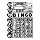 Black bingo card and tracking sheet design on a white background, featuring a 5x5 bingo grid, numbered circles, and a header with 'ADMIT ONE' and 'BINGO'.