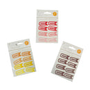 Three packages of decorative flag clip stickers on a white background. The top package contains red, pink, and light pink clips, the bottom left contains orange, yellow, and light yellow clips, and the bottom right contains dark brown, mauve-brown, and dark brown clips.