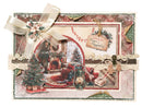 Decorative Christmas card with a fireplace, tree, and gift-wrapped presents.