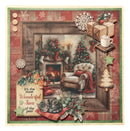 A square Christmas-themed scrapbook or card design featuring a cozy living room scene with a fireplace, Christmas tree, armchair, wrapped gifts, snowflakes, and decorative text reading 'It's the most Wonderful Time of the year.' The composition uses layered paper textures and embellishments in red, green, beige, and brown tones.