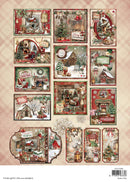 A sheet of Christmas-themed decorative stickers or decal designs arranged on a beige plaid background. The designs include cozy holiday scenes, ornaments, signs, snow-covered cottages, trees, and festive labels in red, green, beige, and brown tones.
