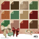 Collection of patterned paper sheets with a bow and 'Cottage Christmas' label on a beige background.