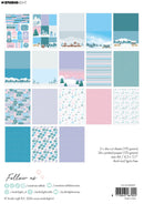 Collection of patterned paper sheets with winter-themed designs on a white background.