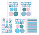 Set of Christmas-themed stickers with various phrases in pastel colors on a white background.