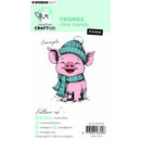 Studio Light Creative Craftlab 'Frenkie' clear stamp packaging, featuring a pink cartoon pig wearing a green plaid knit hat and matching scarf on a white background with product details and branding.