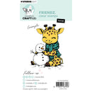 Studio Light Creative Craftlab clear stamp package featuring a cartoon giraffe wearing a green scarf and hugging a snowman, with branding and product details on a white background.