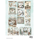 A sheet of vintage-style Christmas and winter-themed paper cutouts or stickers, featuring multiple illustrated panels with snow scenes, cabins, deer, people, and holiday decorations on a pale blue background.