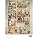A sheet of vintage-style scrapbooking paper featuring multiple illustrated scenes of cozy living rooms, firesides, children, and holiday motifs, with a distressed beige and muted green background.