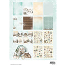 A sheet of scrapbooking paper featuring a winter forest and cabin theme, with multiple patterned and illustrated panels in soft teal, cream, brown, and beige tones.