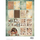 A vintage-themed scrapbooking paper sheet featuring a grid of textured paper samples, small illustrated scenes, and decorative motifs on a distressed green background.