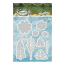 Studio Light Christmas Cards die-cut sheet featuring various tree and snowflake shapes on a light blue watercolor background with a festive header.