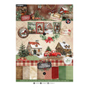 A Studio Art scrapbooking paper sheet featuring a Christmas collage design with vintage houses, trees, a red pickup truck, holiday signs, plaid patterns, and multiple color swatches at the bottom.