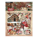StudioLight Christmas Sticker Sheets product packaging showing five transparent sticker sheets with festive designs including a cabin, snowman, gifts, ornaments, and holiday text on a beige plaid background.