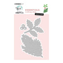 A product packaging shot for 'Festive Holly' cutting dies by Studio Light and Craftlab. The image shows a light gray metal die set shaped with holly leaves and pine branches, presented on a pale pink card against a white background with brand logos at the top.