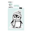 Studio Light Creature Crafted clear stamps featuring the 'elvis' penguin design, shown as a black and white line art illustration wearing a knit beanie and scarf on a light blue background.