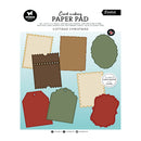 Card making paper pad cover featuring die-cut shapes for making Christmas cards, with a light blue background and sample card shapes in beige, brown, green, and red. Visible brands include Studio Free and Essentials for crafting.