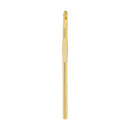 A single gold-colored crochet hook with a textured grip and a small loop at the tip, centered vertically on a plain white background.