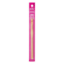 A single aluminum crochet hook in a gold finish, mounted on a bright pink Bates brand plastic display card against a plain white background.