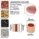 Informational product graphic for crimp tubes showing assorted color options and dimensions. Text reads 'ASSORTED COLORS Crimp Tubes 2 x 2mm 2 x 0.