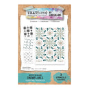 Textures by Lou Collins 'Winter in Bloom Snowflakes' layering stencils sheet, featuring three stencil designs with snowflake and floral motifs in teal, beige, and white on a kraft paper background.