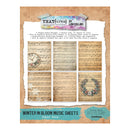 Product packaging for the 'Textures by Lou Collins' 'Winter in Bloom Music Sheets' paper pack, featuring a vintage aesthetic with aged sheet music, musical notes, a clock illustration, and floral accents on a textured tan background.