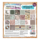 Textures by Lou Collins 'Winter in Bloom' paper pad packaging, showing a grid of 12 double-sided paper designs in soft winter and floral tones on a kraft paper background.