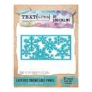 Lou Collins Textures 'Layered Snowflake Panel' craft die set, featuring a turquoise snowflake stencil on a white sheet, presented on a kraft paper background with product details and branding.