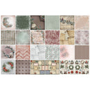 A 5x5 grid of 25 square swatches showing various vintage-style holiday and rustic patterned designs, including wreaths, florals, stripes, wood textures, and Christmas motifs in muted pink, green, beige, and brown tones.