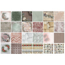 A 4x4 grid of 16 square swatches showing various vintage-style patterned papers in muted tones of pink, green, beige, brown, and white, including floral wreaths, stripes, textures, and distressed prints.