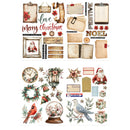 A sheet of Christmas-themed decorative stickers or scrapbook elements on a white background, featuring vintage-style text, envelopes, wreaths, Santa illustrations, stars, birds, a globe with flowers, and holiday accents.