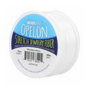 A spool of BeadSmith Opelon Stretch Jewelry Fiber in white, with a blue and dark purple label, on a white background.