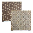 Two square sheets of patterned scrapbook paper shown on a white background. The top-left sheet has a dark brown background with repeating antique key motifs in beige and muted gold.