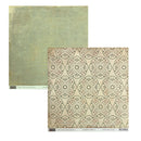 Two square sheets of patterned scrapbook paper from the paper loft Designs, displayed on a white background. The top-left sheet shows the textured sage green backing, and the bottom-right sheet shows the front floral mandala pattern in beige, sage green, and muted red.