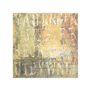 A square abstract cardstock sheet featuring distressed, textured typography in white across a background of yellow, green, and brown tones, set against a clean white border.