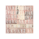 A square sheet of cardstock featuring distressed white uppercase letters from A to Z arranged in rows over a rustic pink, beige, and brown wood-plank background, shown on a white backdrop.