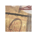 An abstract cardstock sheet featuring a textured background in warm beige and brown tones, accented with a thick horizontal black stripe, a dark gray arch, and reddish-brown painted details.