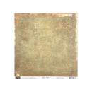 A square sheet scrapbook paper with a distressed, vintage-style wash of muted olive green, tan, and brown tones, featuring a white paper border with branding at the bottom.