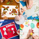A 4-panel collage showing hands creating handmade leaf and paper crafts, including an owl, birds, flowers, and Easter eggs, with a central circular close-up of a white glue stick.