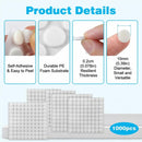Product details graphic for a pack of 1000 white circular adhesive foam stickers. The top section features four panels with text callouts: 'Self-Adhesive & Easy to Peel', 'Durable PE Foam Substrate', '0.