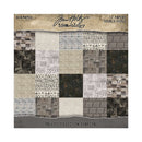 A square product card for Tim Holtz Idea-ology Paper Collection 'Palette Collection: Charcoal', showing 12 double-sided patterned papers arranged in a patchwork grid. The designs include grids, script, textures, and cityscape motifs in charcoal, beige, gray, and black tones.