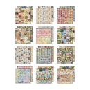 A 12-pack of vintage-style scrapbooking paper sheets arranged in a grid on a white background. The papers feature various retro patterns including floral prints, patchwork designs, stripes, and grids in muted tones of pink, green, beige, and blue.