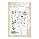 A sheet of clear stamp designs featuring botanical illustrations such as dandelions, flowers, a butterfly, and leaves, along with vintage-style labels, notes boxes, and decorative text. The sheet is branded Tracy Evans Boutique Designs and has a warm beige background.